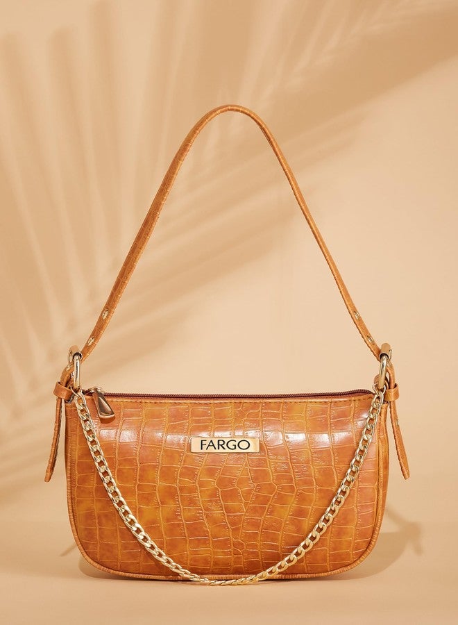 فارجو حقيبة يد نسائية من فارغو بنقشة جلد التمساح وحزام مزدوج (أصفر) - Image 3